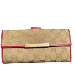 Gucci GG Beige Canvas Long Wallet with Pink Leather Interior Vintage